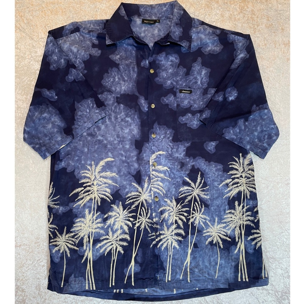 Revue Button Down Shirt Mens XL Blue Tropical Palm Tree Jamaica EUC Cloud Wash